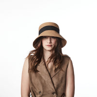 CEANE FLAT TOP CLOCHE IN PAPER STRAW WITH GROSSGRAIN RIBBON