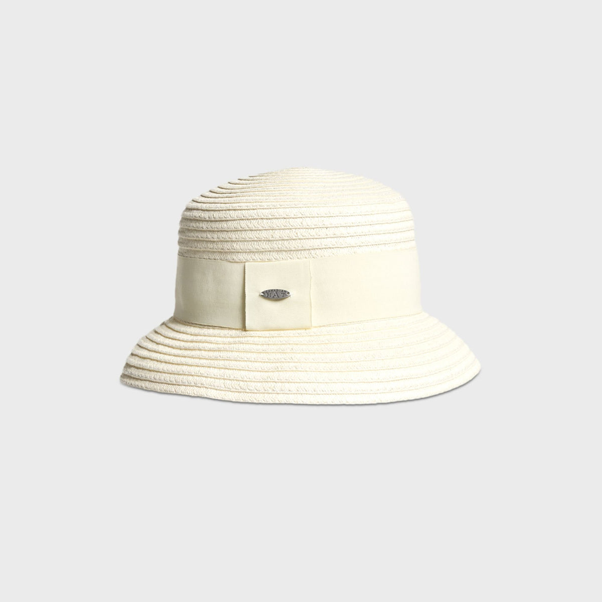 CEANE FLAT TOP CLOCHE IN PAPER STRAW WITH GROSSGRAIN RIBBON