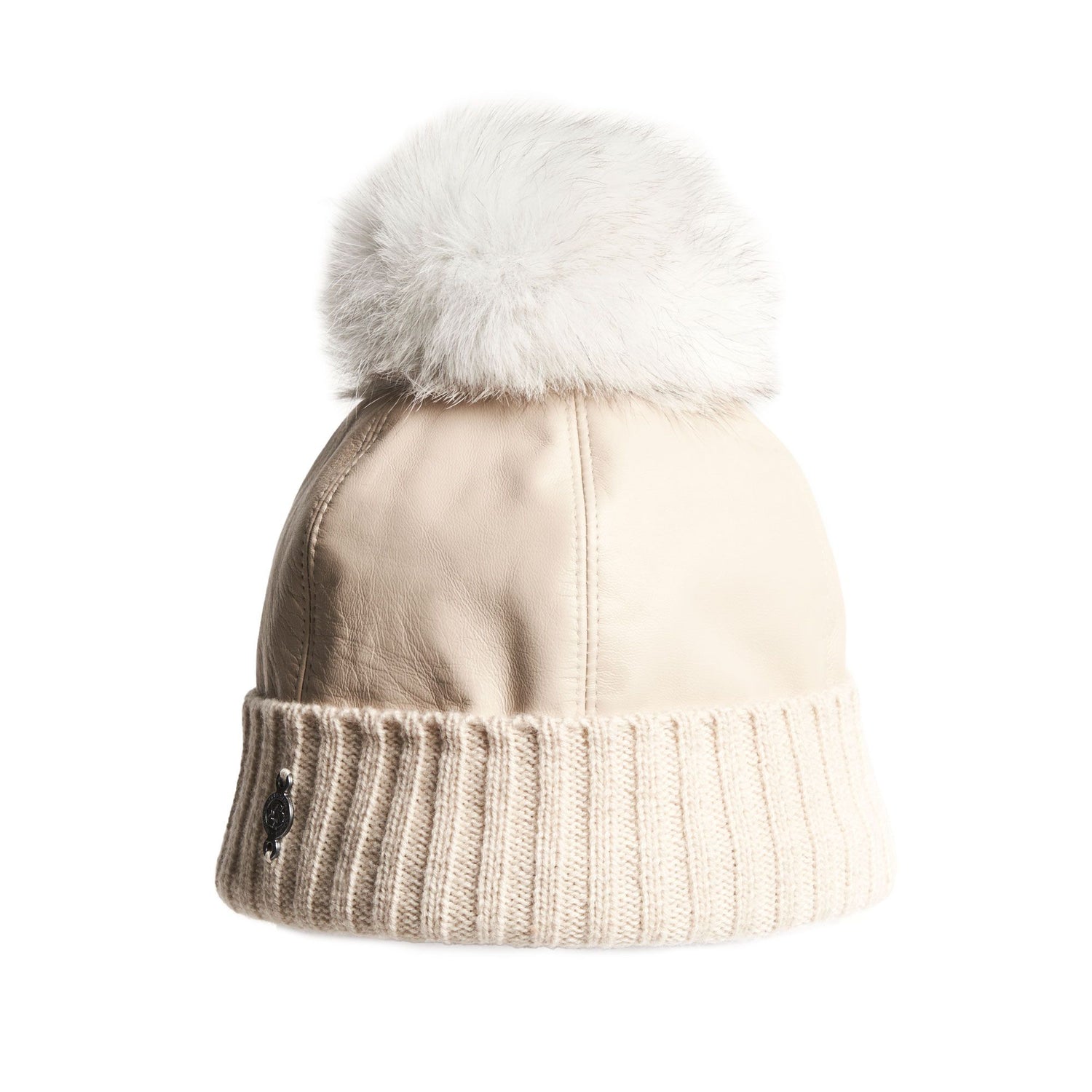 BELVA P - LEATHER PUFFER BEANIE WITH UPCYCLED FUR POM