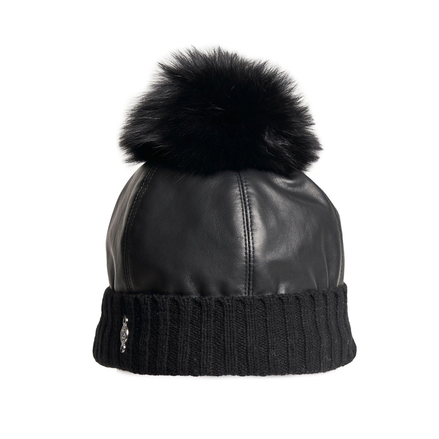 BELVA P - LEATHER PUFFER BEANIE WITH UPCYCLED FUR POM